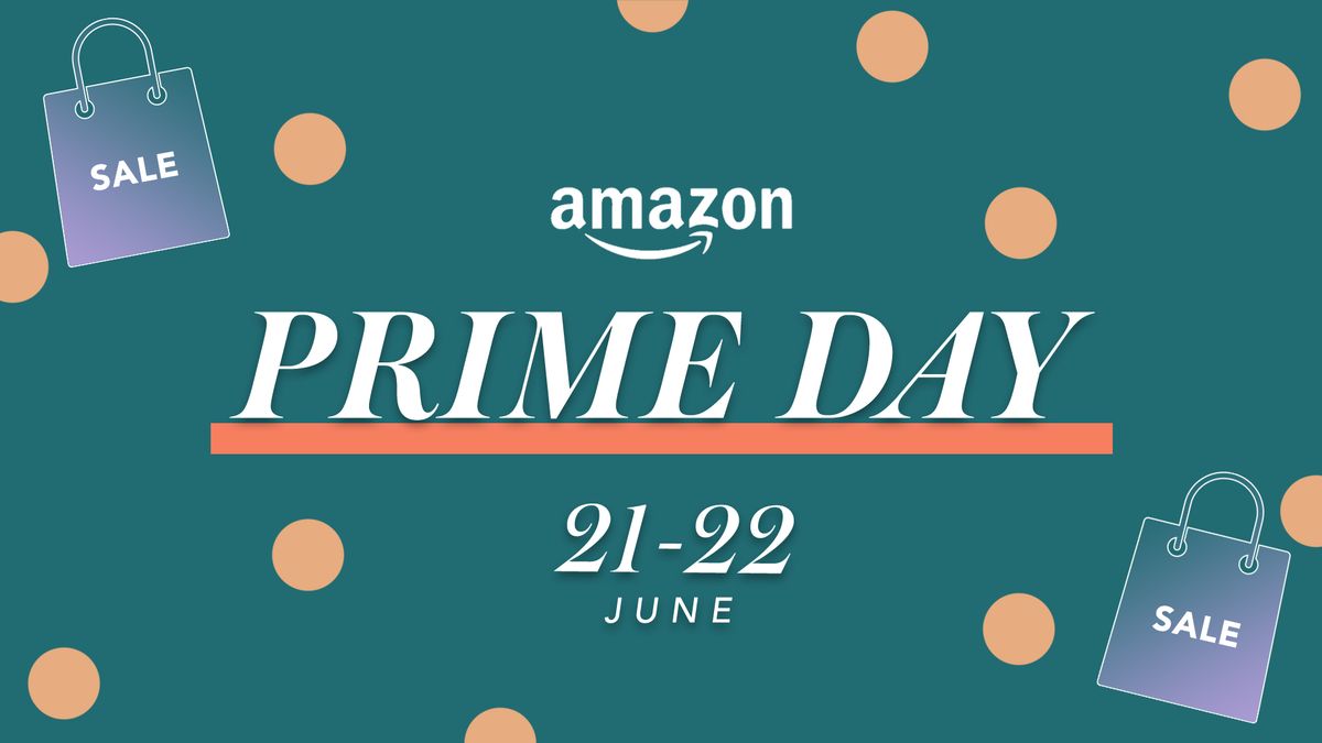 Amazon Prime Day -tekst på en prikket baggrund med datoerne 21. og 22. juni overlejret