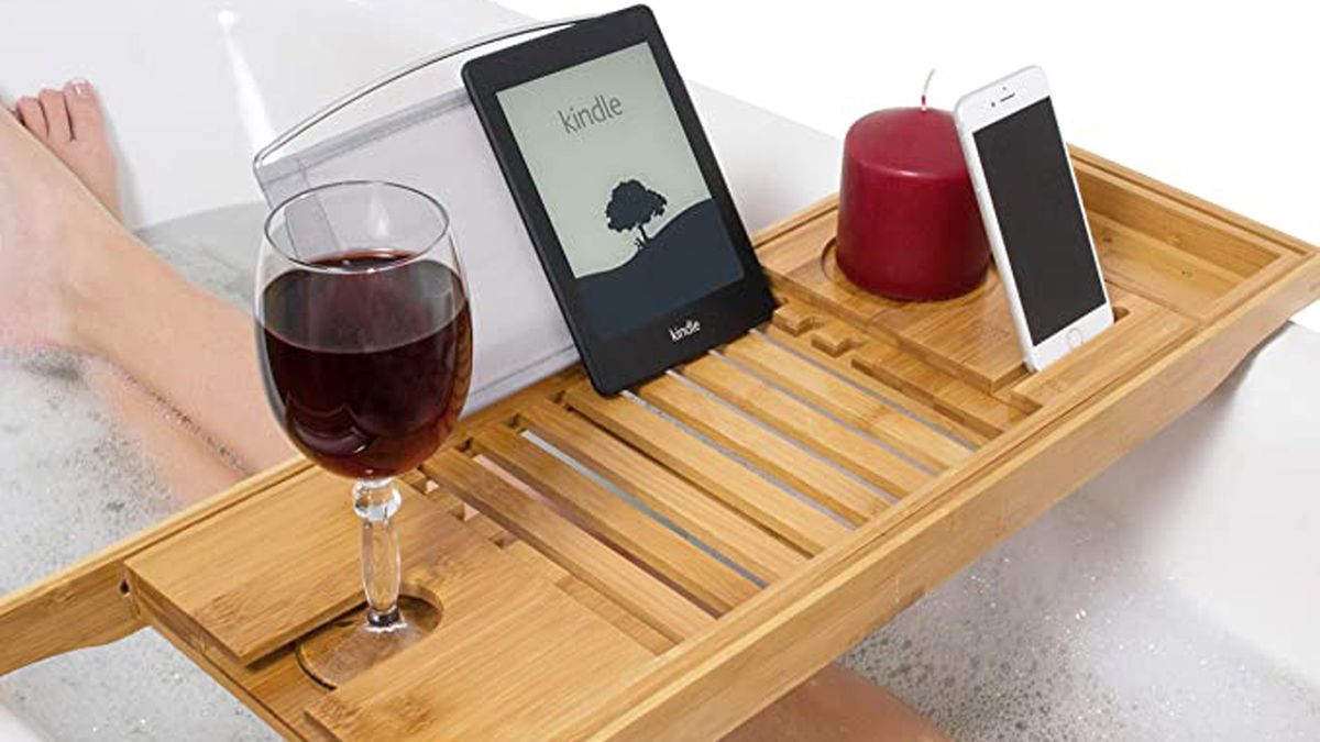 Relux Premium 100% Bambus Natural Bath Caddy Bridge - Odihnă extensibilă de lux, suport pentru pahar de vin, dispozitiv (tabletă, Kindle, iPad, telefon inteligent) tavă