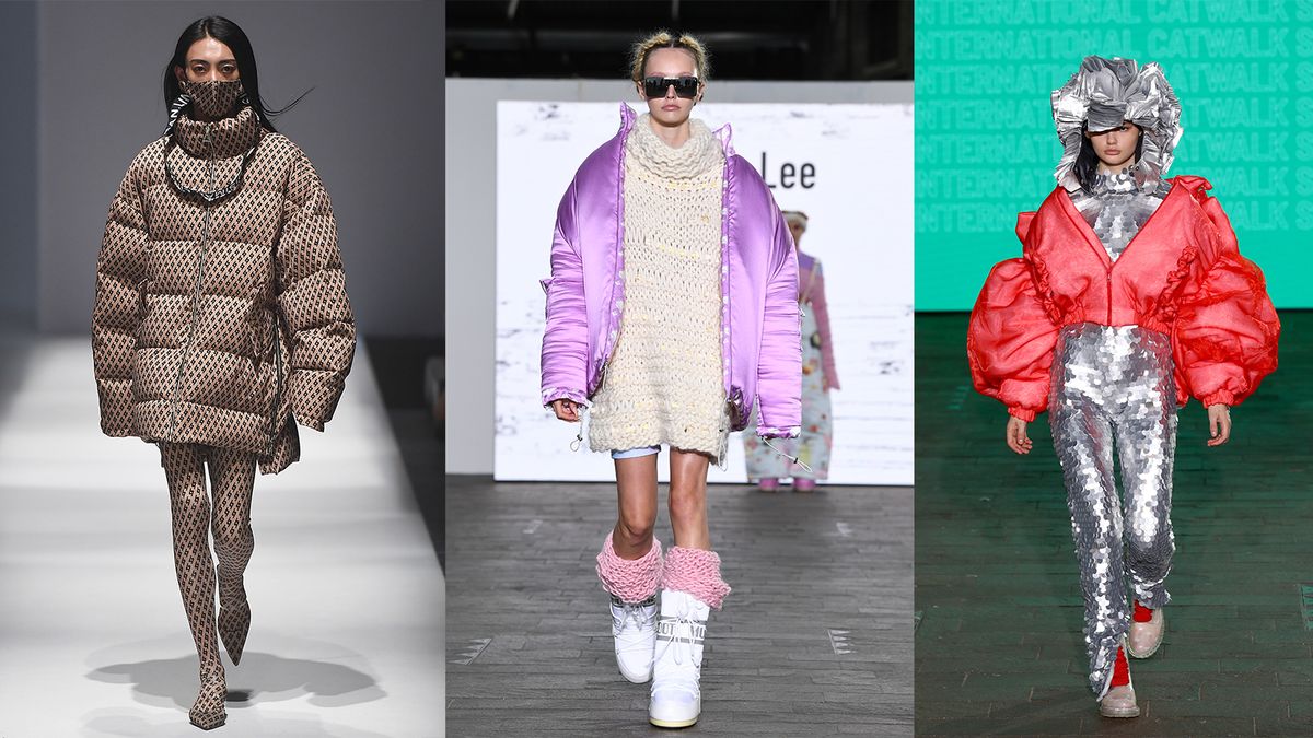 três imagens da passarela mostrando tendências de roupas de moda ao ar livre em modelagem