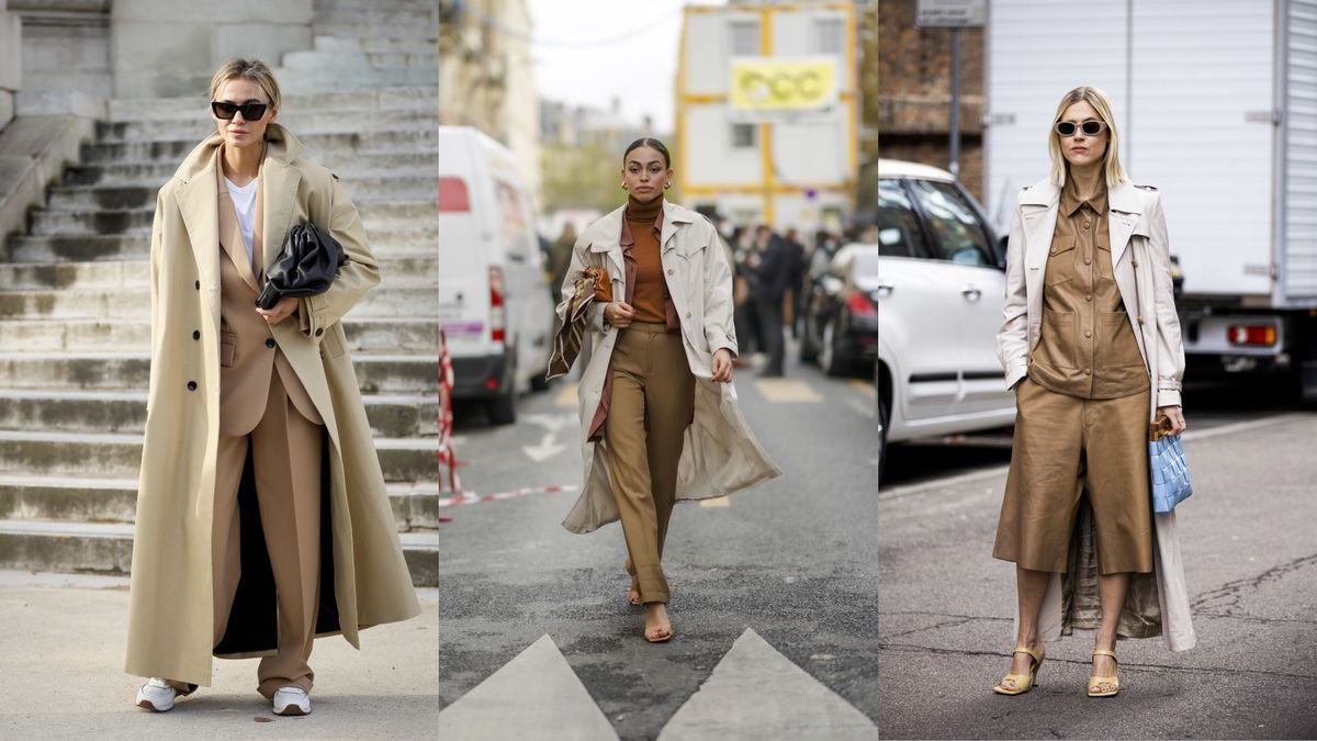 modelos de estilo de rua usando sobretudos com roupas neutras