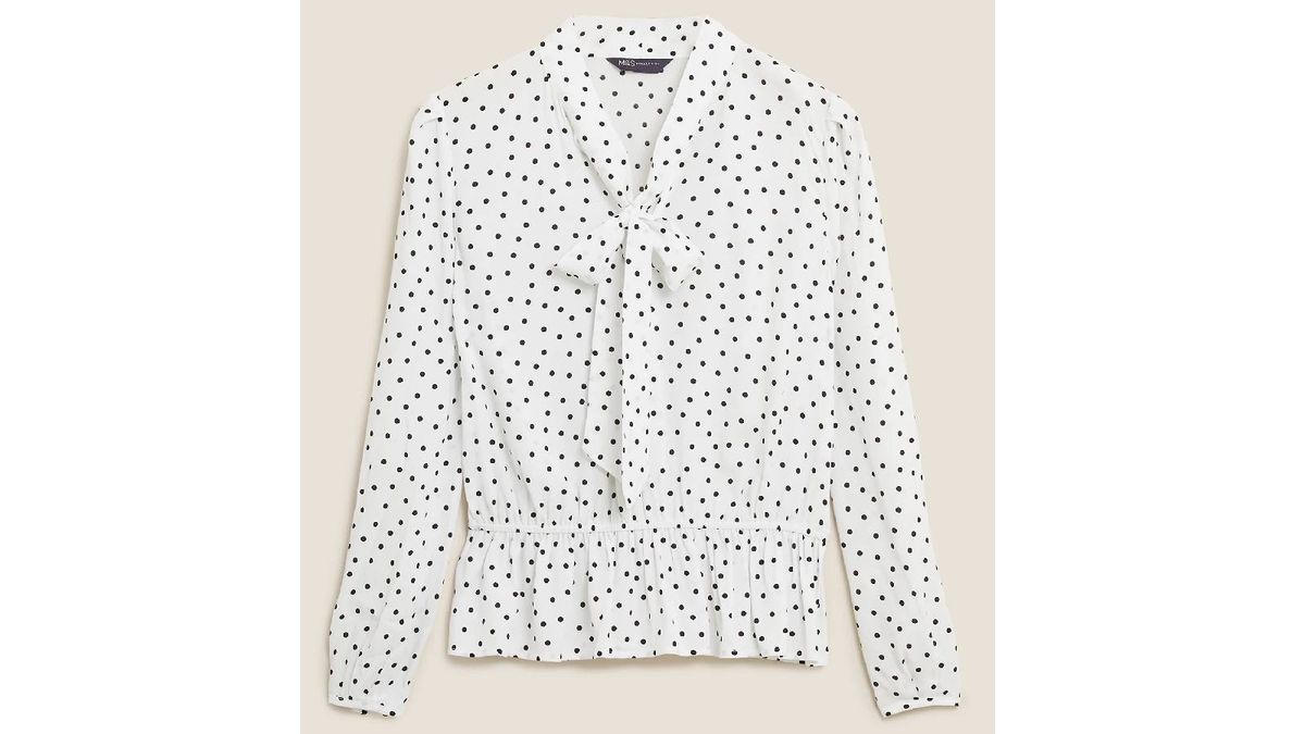 M&S Polka Dot Pussybow Peplum Top z dolgimi rokavi