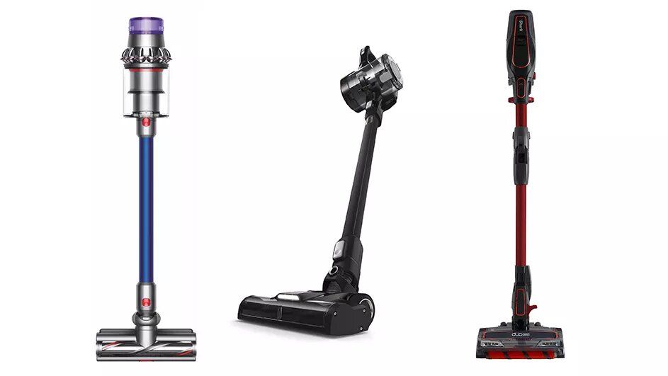 продуктови снимки на Vax Blade 2 Max, Dyson V11 Absolute и Shark DuoClean с акумулаторни прахосмукачки Flexology & TruePet