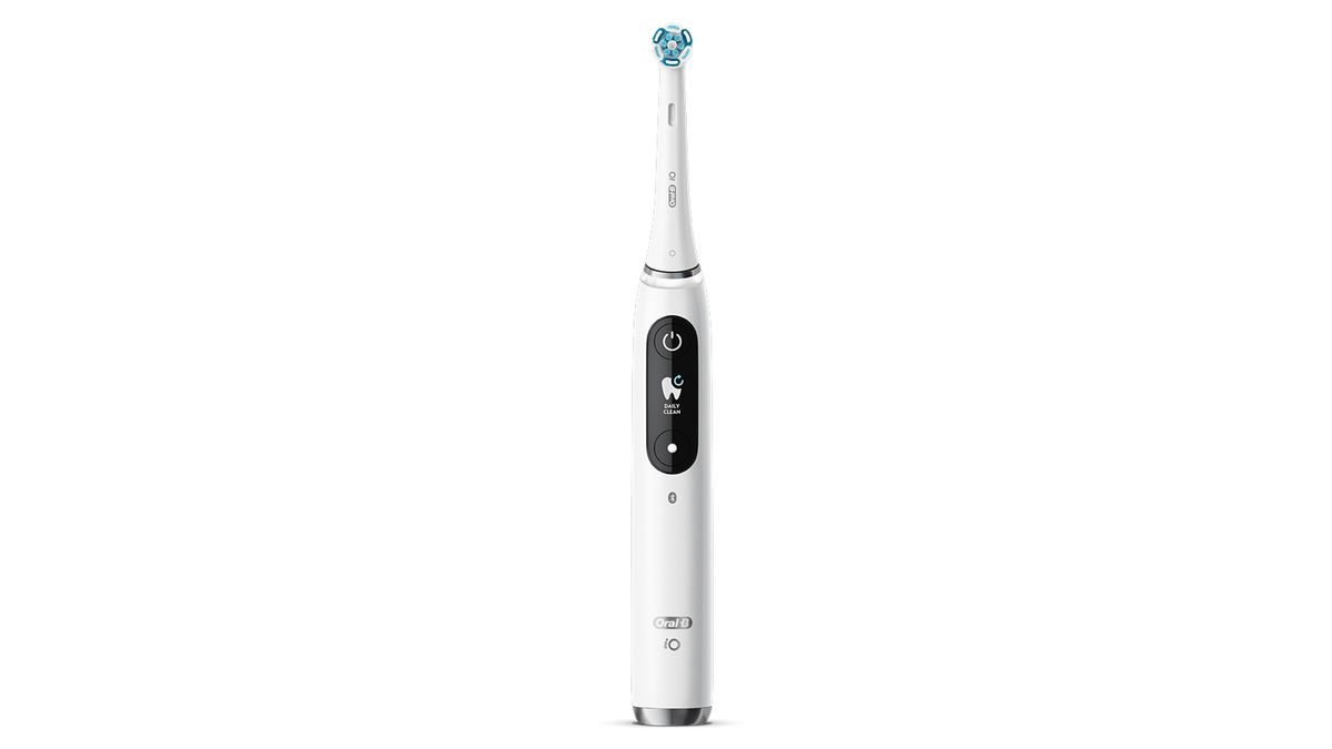 Oral-B iO Series 9 električna zobna ščetka v beli barvi s črnim zaslonom, ena od w & h