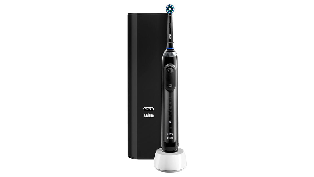 Oral-B Genius X električna zobna ščetka v črni barvi na polnilni postaji, ena od w & h