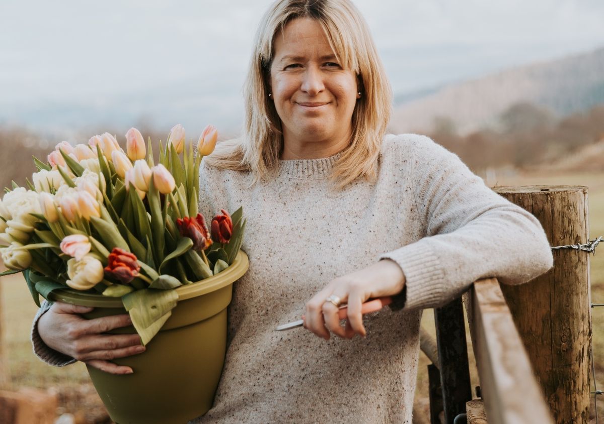 Alison Walker da fazenda de flores Yewbarrow segurando tulipas