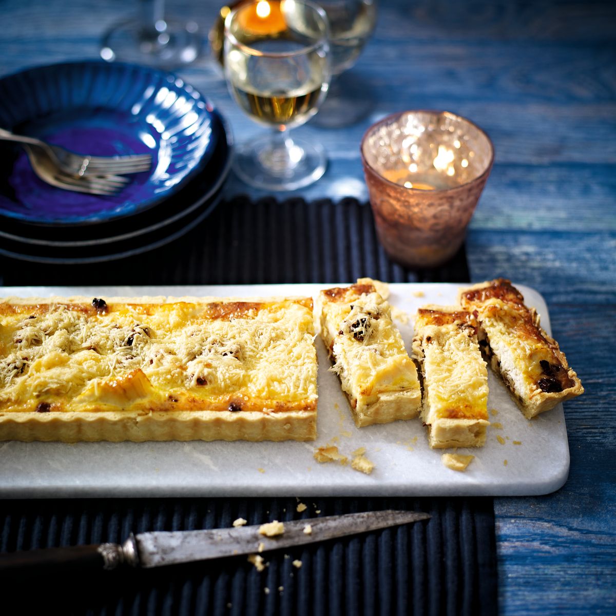 Tarta de eglefino ahumado, panceta y gruyere