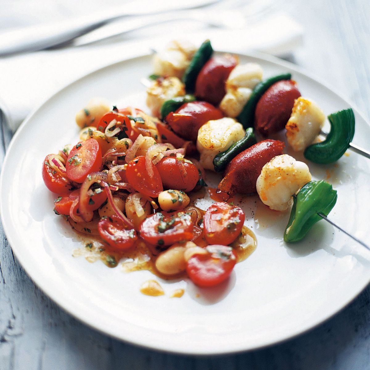 Kebab z Monkfish, Chorizo ​​a Romano Pepper