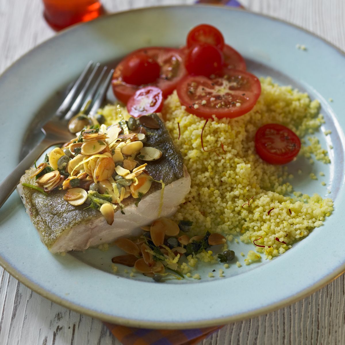 Bacalhau Frito, Cuscuz de Açafrão, Amêndoas e Alcaparras